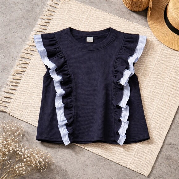 VOY Blouse Womens Size M Navy Textured Knit Ruffle Trim Sleeveless Top - Picture 2 of 5